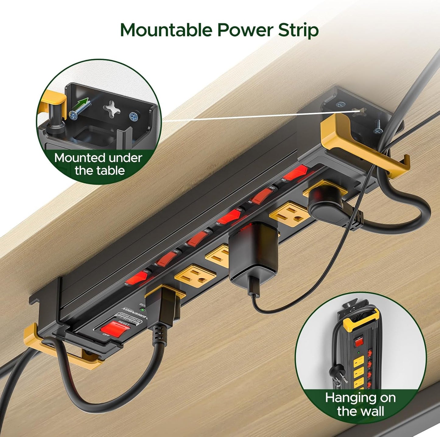 3300J Heavy Duty Surge Protector Power Strip with Individual Switches, Metal Mountable Power Strip with 6FT Cord Management, Wide-Spaced, ETL Listed (15A/1875W)