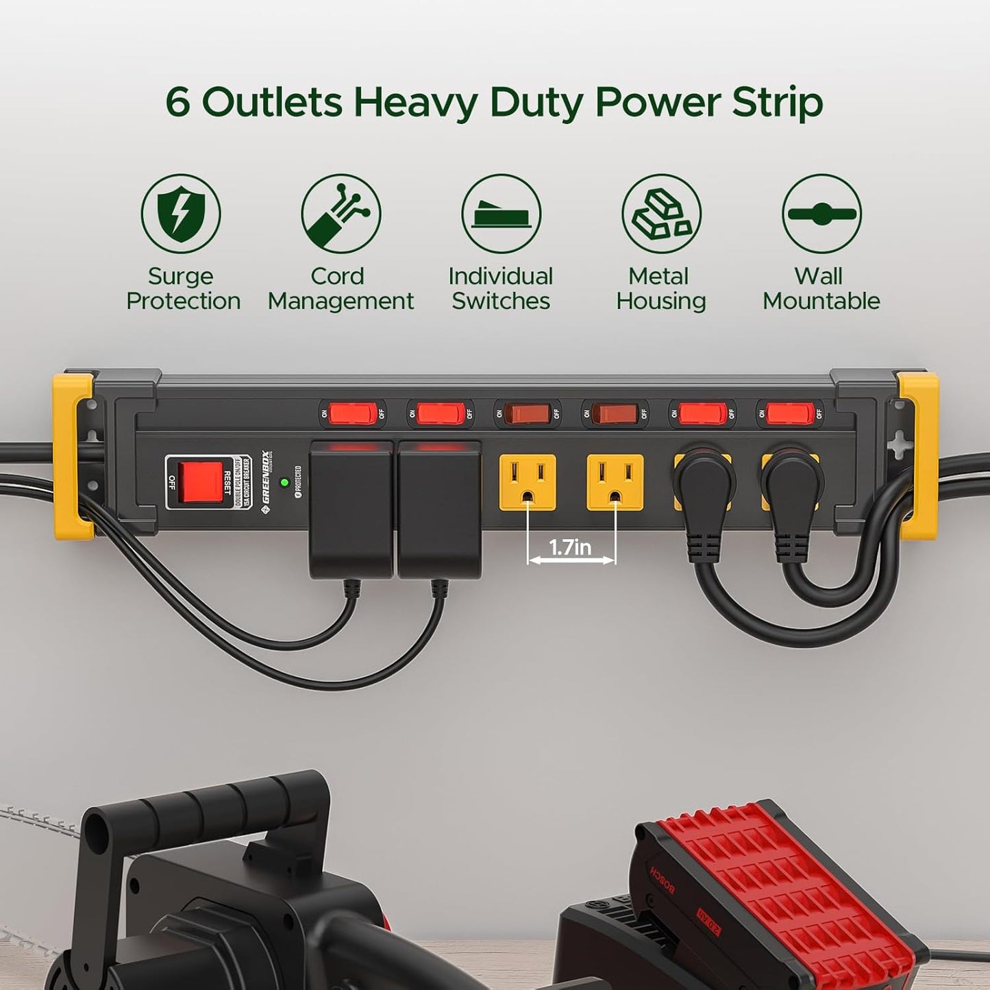 3300J Heavy Duty Surge Protector Power Strip with Individual Switches, Metal Mountable Power Strip with 6FT Cord Management, Wide-Spaced, ETL Listed (15A/1875W)