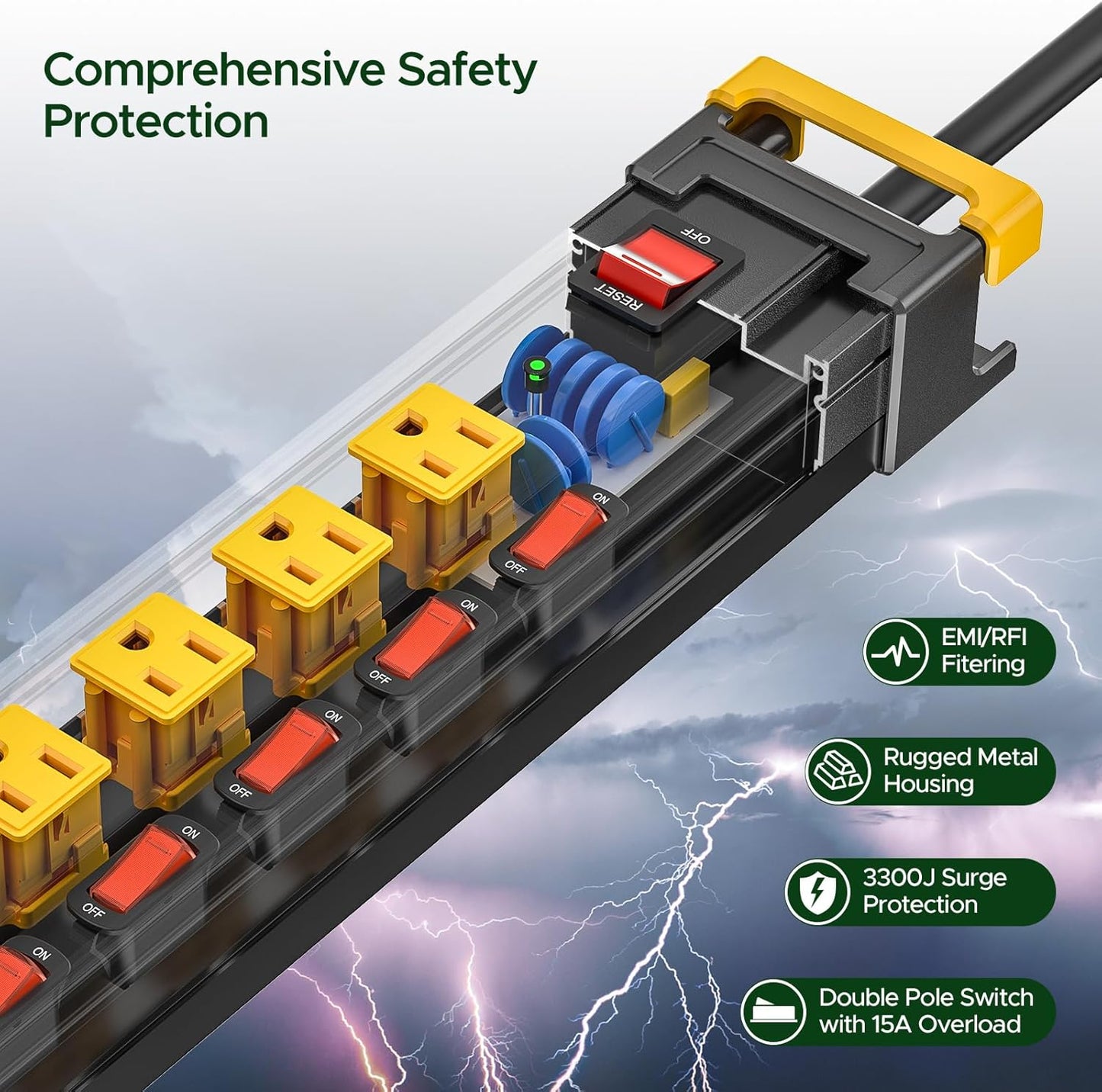 3300J Heavy Duty Surge Protector Power Strip with Individual Switches, Metal Mountable Power Strip with 6FT Cord Management, Wide-Spaced, ETL Listed (15A/1875W)