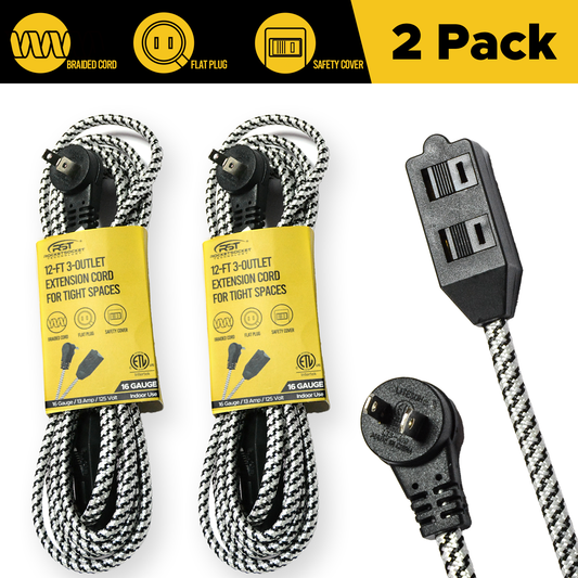 2-Pack 12ft Flat Extension Cord with Safety Covers, Braided Long Extension Cord with Flat Plug, 3-Outlet Power Strip, 16AWG, 1625W, ETL Listed