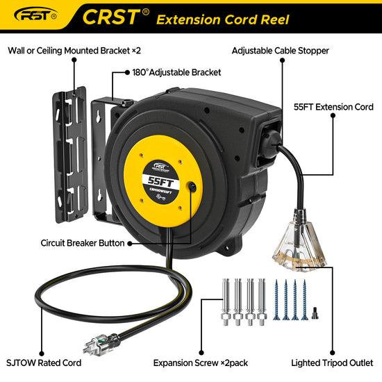 CRST 55FT Retractable Extension Power Cord Reel with Mounting Kits, Li ...