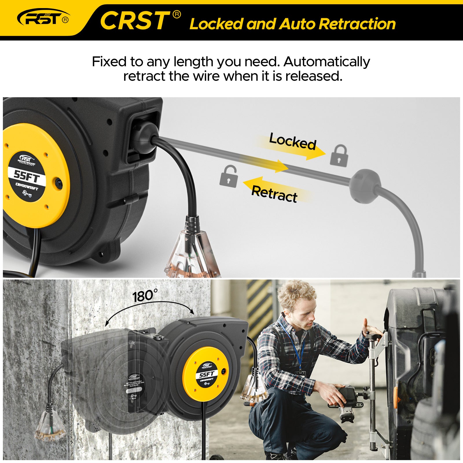 CRST 30FT Retractable Extension Power Cord Reel with Triple Taps, UL L –  Rocket Socket Technology
