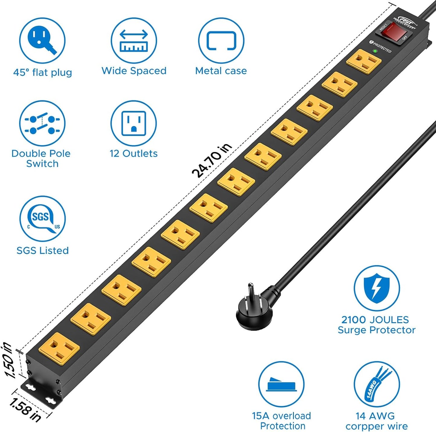 CRST 12 Outlets 2100 Joules Heavy Duty Metal Power Strip Surge Protector, 6FT Extension Power Cord, 15A Circuit Breaker, Mountable