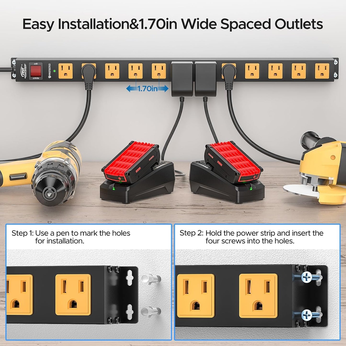 CRST 12 Outlets 2100 Joules Heavy Duty Metal Power Strip Surge Protector, 6FT Extension Power Cord, 15A Circuit Breaker, Mountable