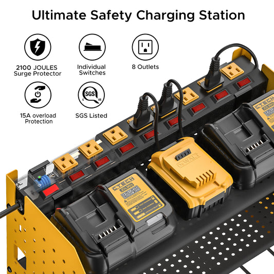 3 Layers Power Tool Organizer Wall Mount with Charging Station, Garage Tool Storage Rack Shelf with 8-Outlet Individual Switches Power Strip