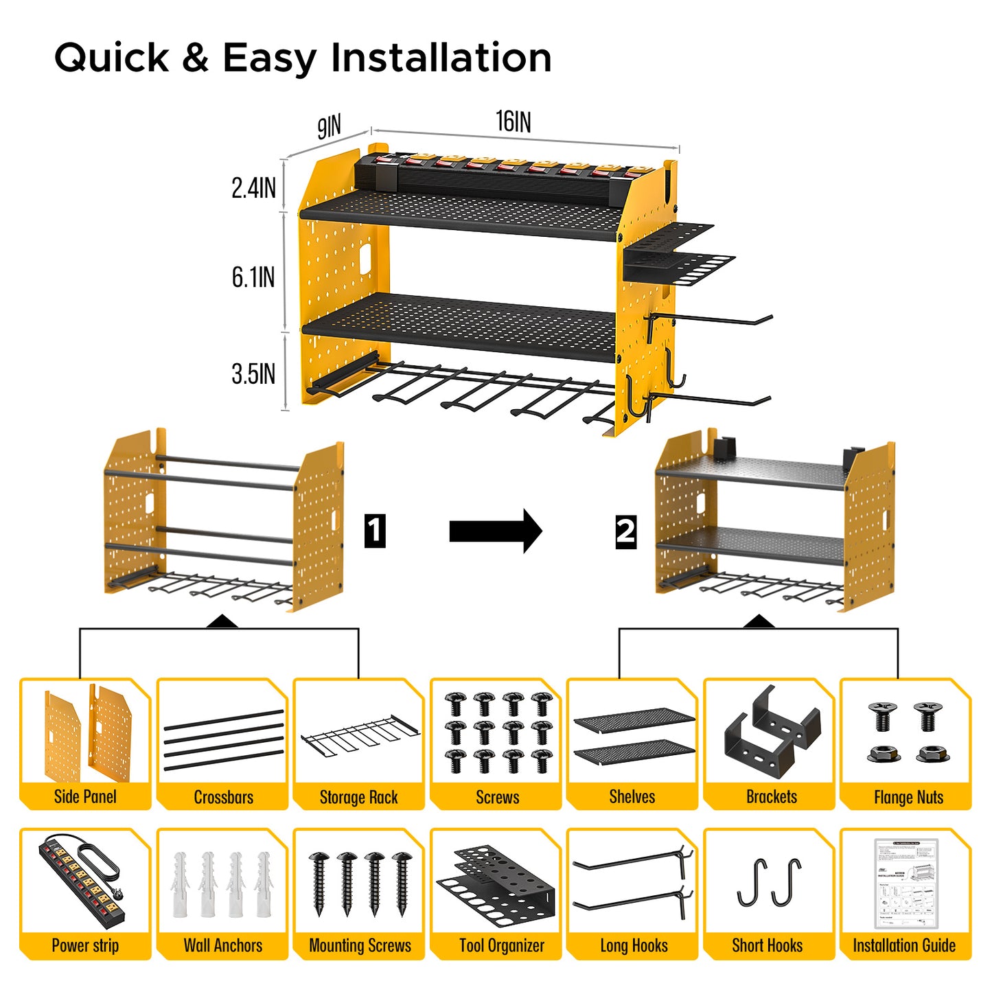 Power Tool Organizer Wall Mount, Cordless Drill Holder with 8-Outlet Power Strip, Modular Garage Organization Storage Rack, Gift for Men