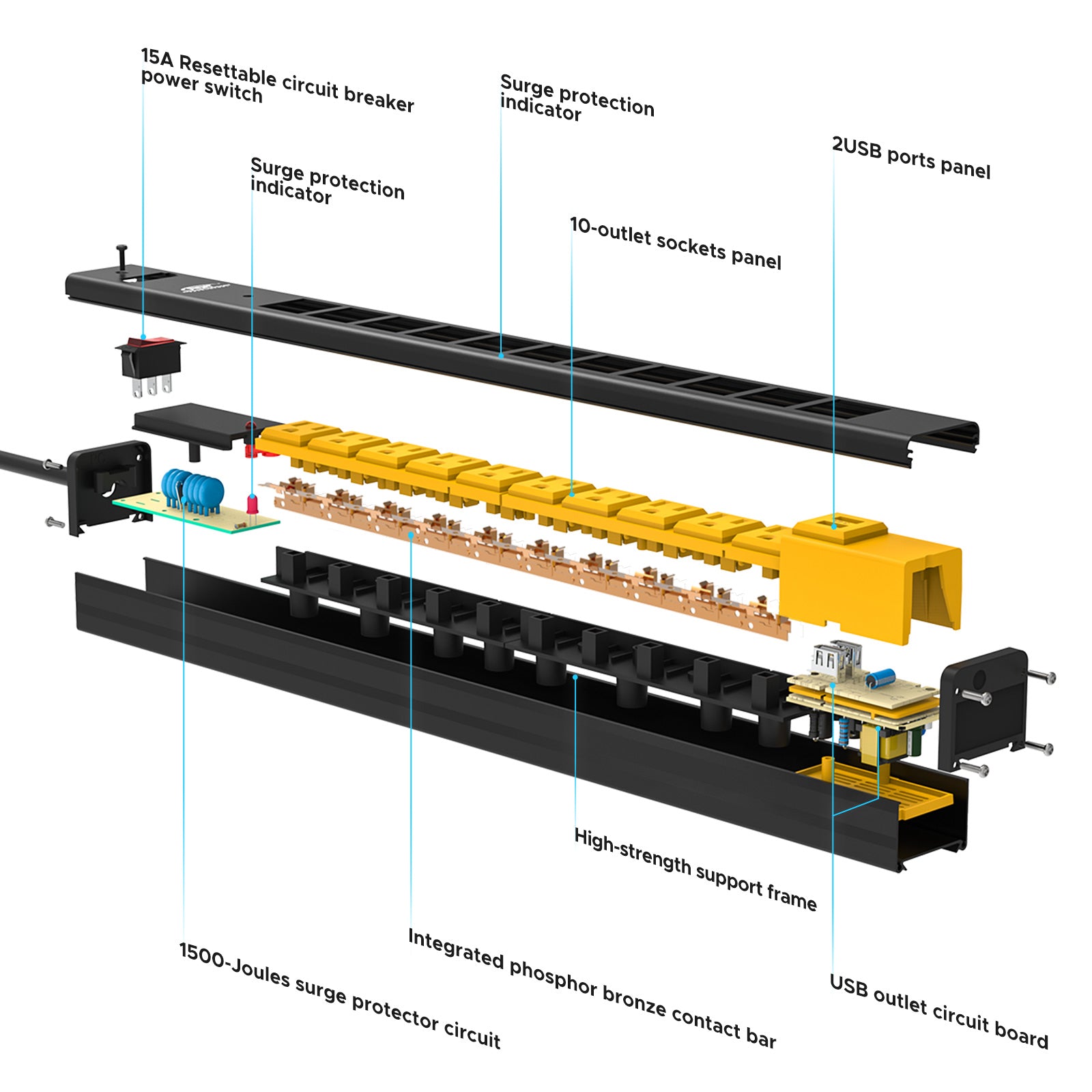 CRST 10 Outlets Dural USB Mountable Heavy Duty Metal Power Strip