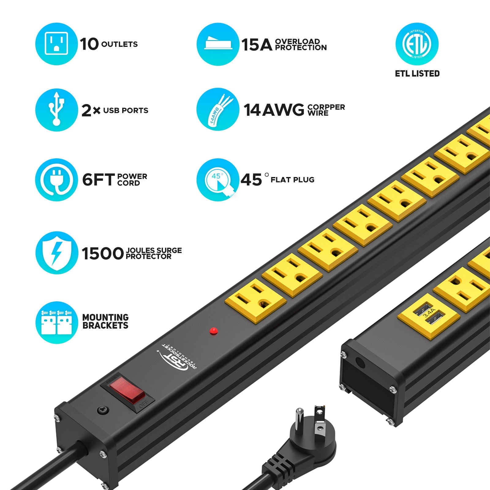 CRST 10 Outlets Dural USB Mountable Heavy Duty Metal Power Strip