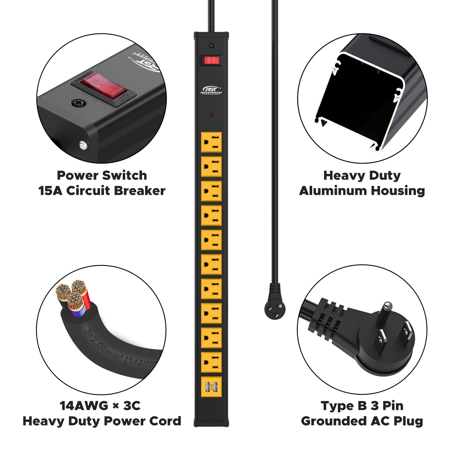 CRST 10 Outlets Dural USB Mountable Heavy Duty Metal Power Strip