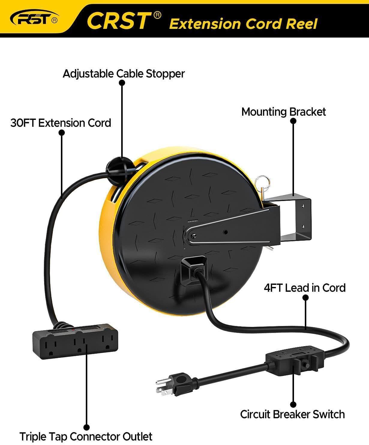 CRST 30FT Retractable Extension Power Cord Reel with Triple Taps